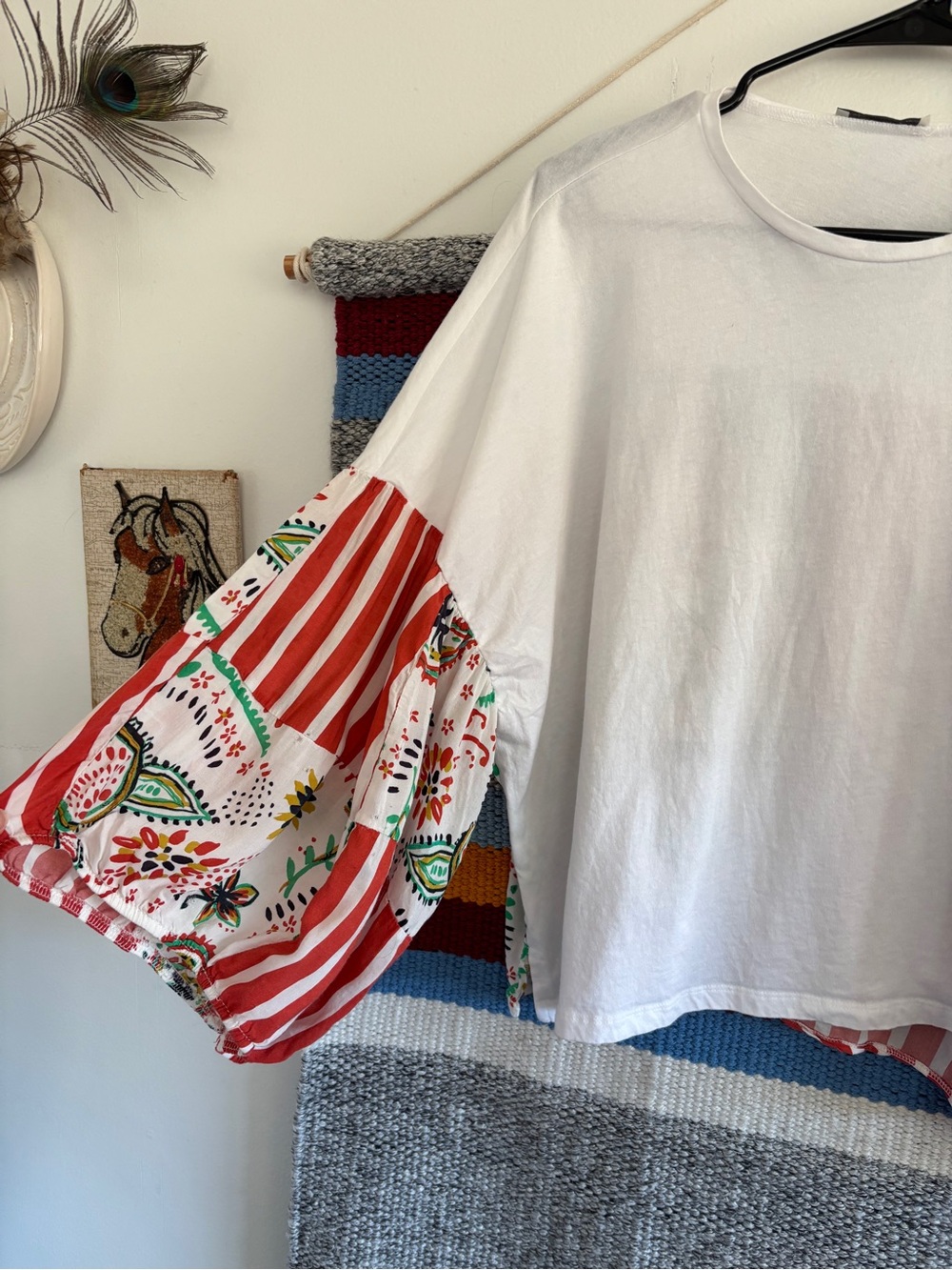 Zara White Top with Floral-Patterned Balloon Sleeves